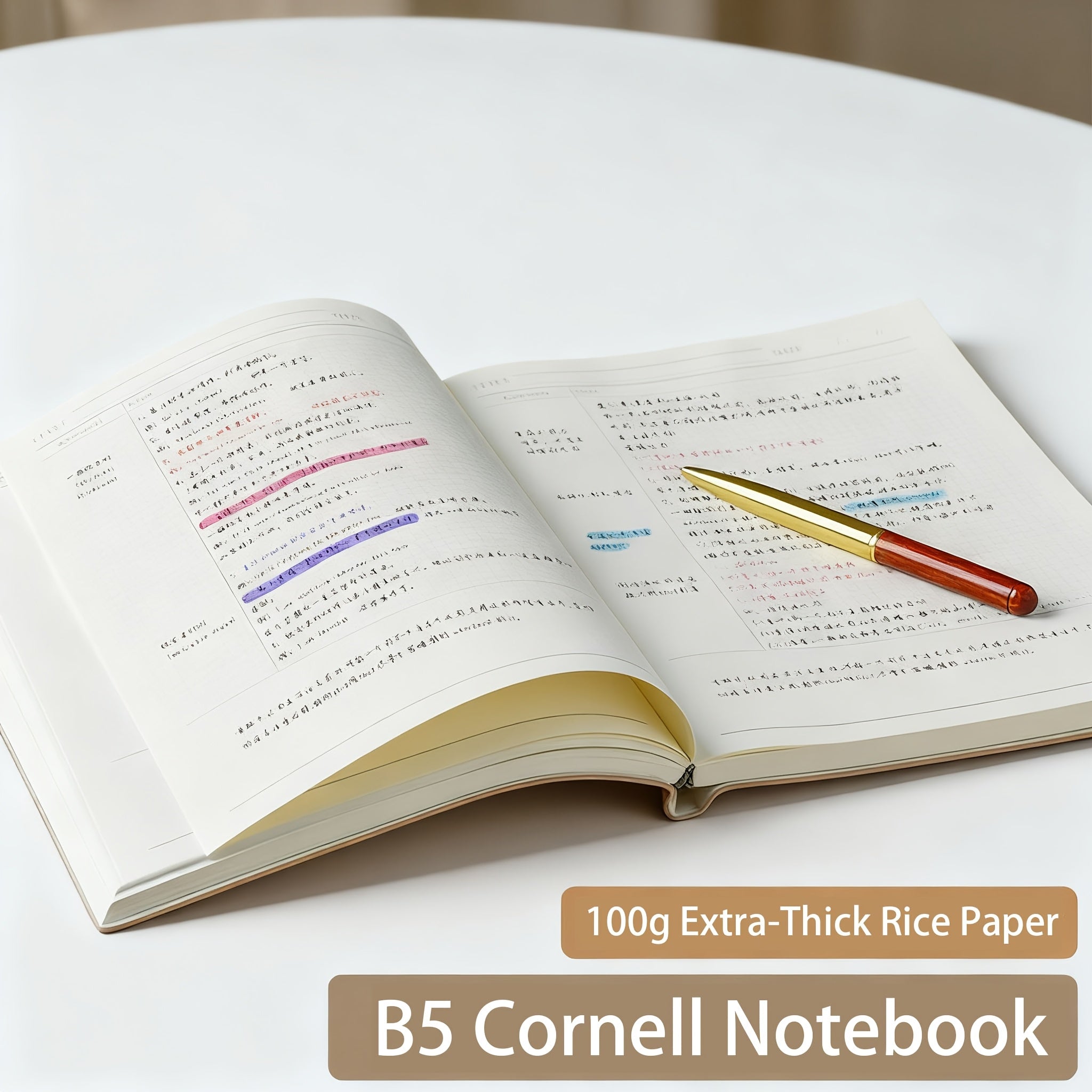 Cornell Notes B5 Study Record Notebook (Comes with 4 Four-Leaf Paper Clips And 50 Transparent Sticky Notes), Skin-Feel PU Leather Cover, 130 Sheets\u002F260 Pages Per Notebook, Thickened High-Quality Paper, Applicable to The 5R Learning Method to Improve
