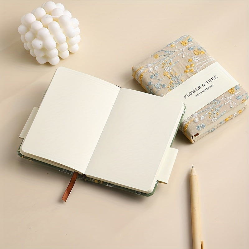 A6 Notepad Thickened Vintage Linen Flower And Tree Embroidery Cloth Mask Small Pocket Book Portable Carry-On Book