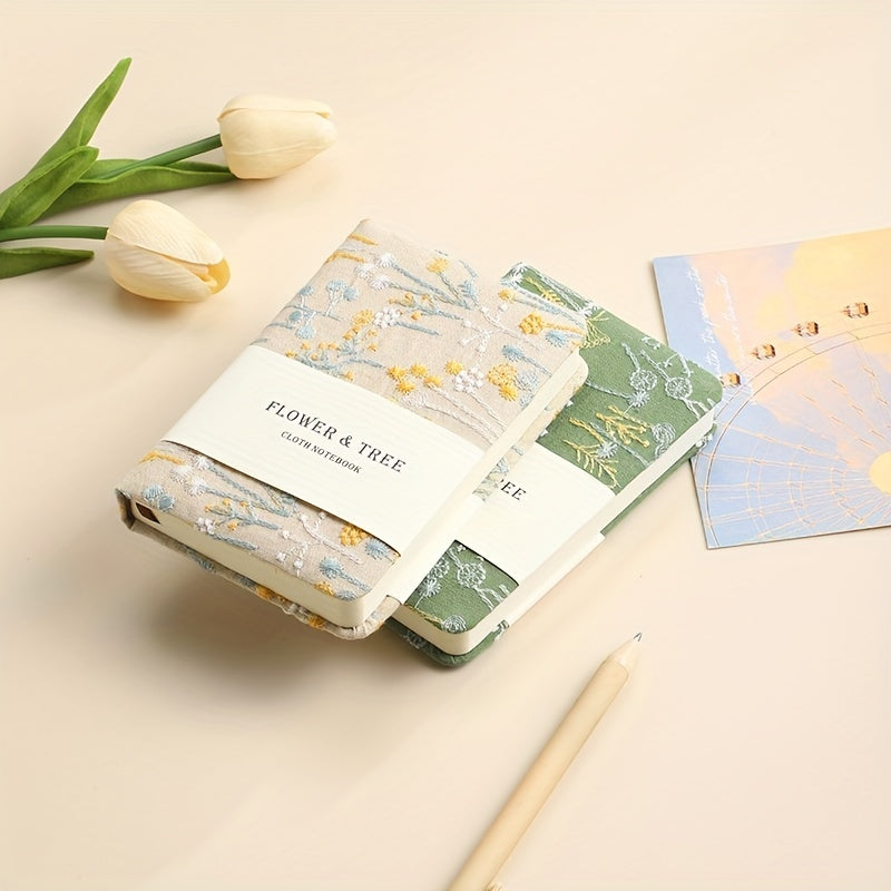 A6 Notepad Thickened Vintage Linen Flower And Tree Embroidery Cloth Mask Small Pocket Book Portable Carry-On Book