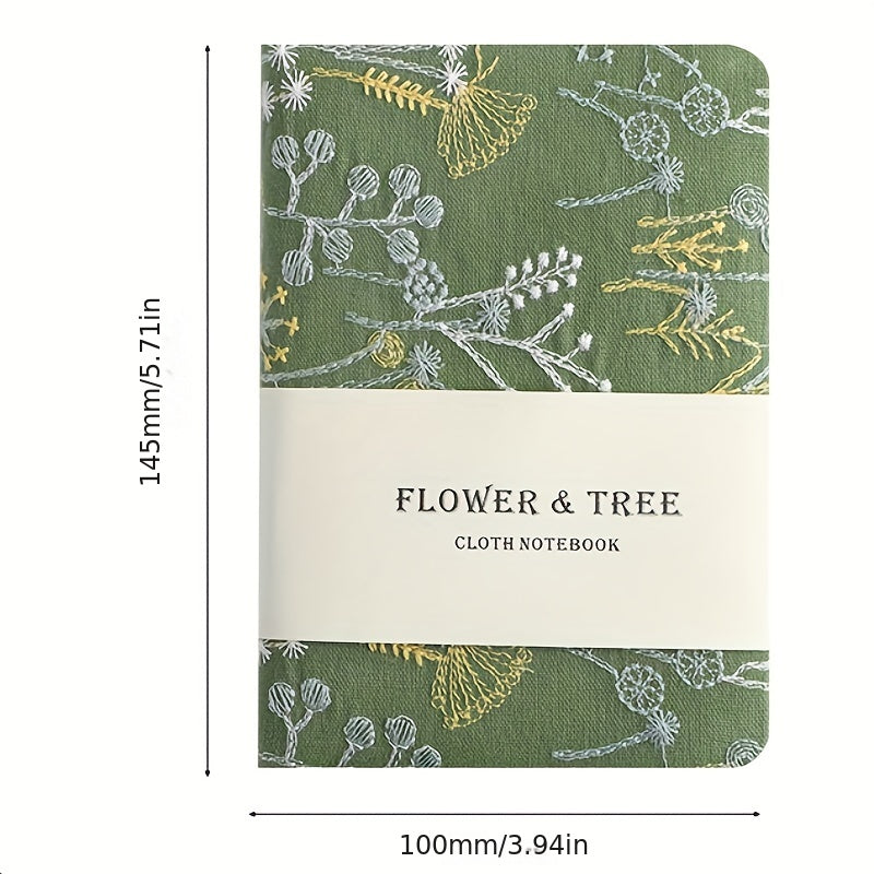 A6 Notepad Thickened Vintage Linen Flower And Tree Embroidery Cloth Mask Small Pocket Book Portable Carry-On Book