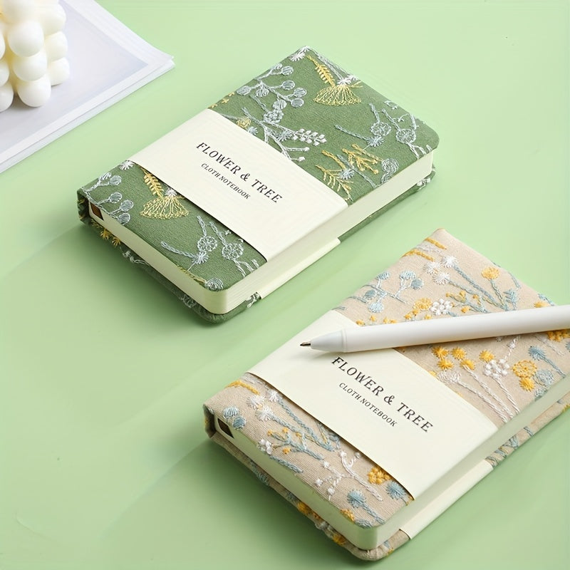 A6 Notepad Thickened Vintage Linen Flower And Tree Embroidery Cloth Mask Small Pocket Book Portable Carry-On Book