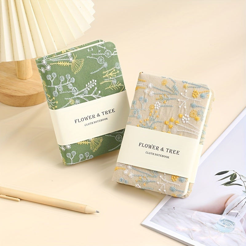 A6 Notepad Thickened Vintage Linen Flower And Tree Embroidery Cloth Mask Small Pocket Book Portable Carry-On Book